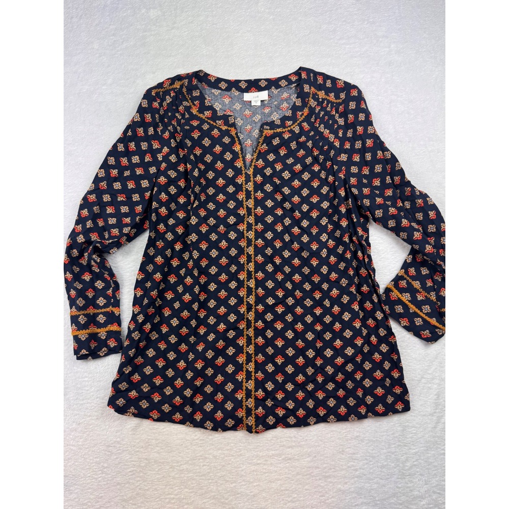J. Jill Navy Blue Geometric Diamond Print Embroidered Split Neck Blouse XS